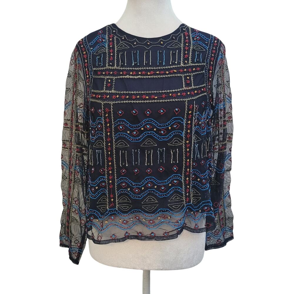 Zara‎ Size M Navy Blue Embroidered Sheer Long Sleeve Blouse Boho Festival Top